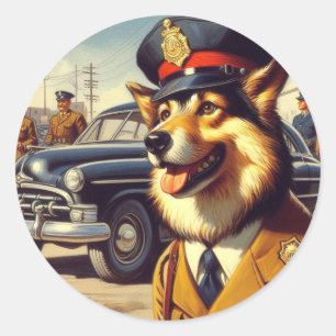 Adesivo Redondo Pintura de Cachorro da Polícia de Retro