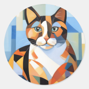 Adesivo Redondo Pintura de Composição de Gato Calico Cubista