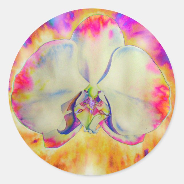 Adesivo Redondo Pintura de cor d'água com orquídea abstrato românt (Frente)