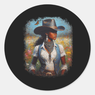 Adesivo Redondo Pintura de Cowgirl Negra Arte Rodeio Ocidental Mel
