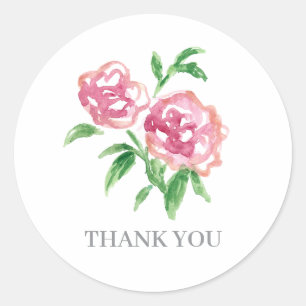 Adesivo Redondo Pintura de Flores de Peônias Rosa Obrigado