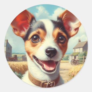 Adesivo Redondo Pintura de Fox Terrier com Toy