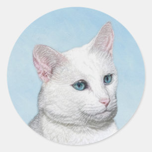 Adesivo Redondo Pintura de Gato Branco - Arte de Gato Original Fof