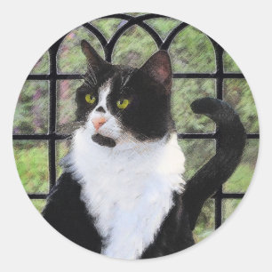 Adesivo Redondo Pintura de Gato Tuxedo - Arte de Gato Original Cus