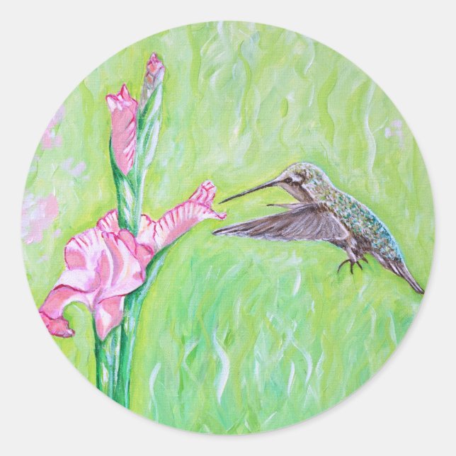 Adesivo Redondo Pintura de Hummingbird e Gladioli (Frente)