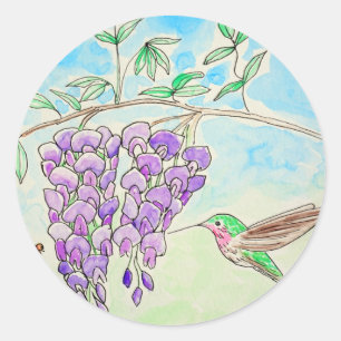 Adesivo Redondo Pintura de Hummingbird e Wisteria