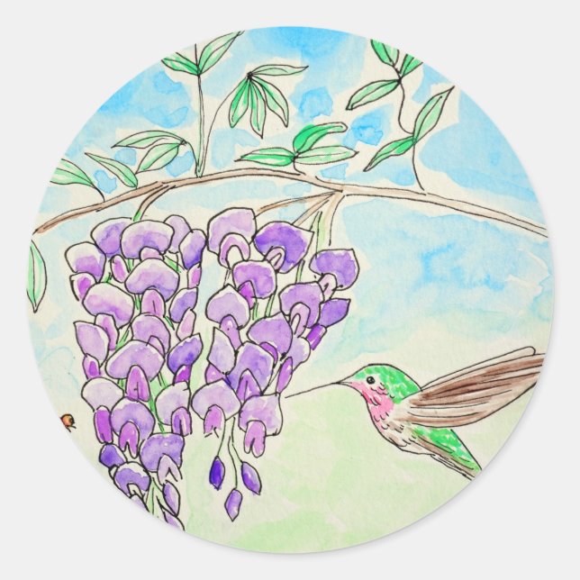 Adesivo Redondo Pintura de Hummingbird e Wisteria (Frente)