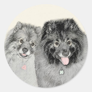 Adesivo Redondo Pintura de Keeshond, Mãe e Filho - Arte Original d