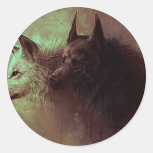 Adesivo Redondo Pintura de lobo negro e lobo branco.