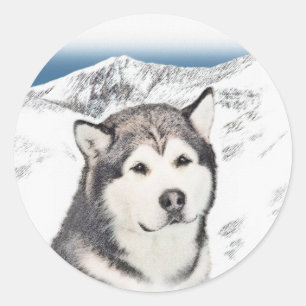 Adesivo Redondo Pintura de Malamute no Alasca - Arte de Cachorro O