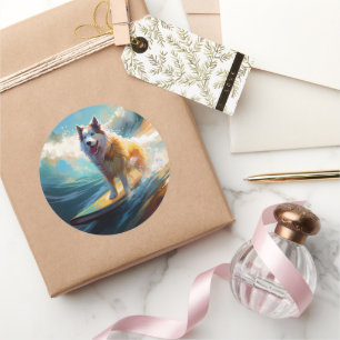 Adesivo Redondo Pintura de Navegação em Praia no Alaska Malamute