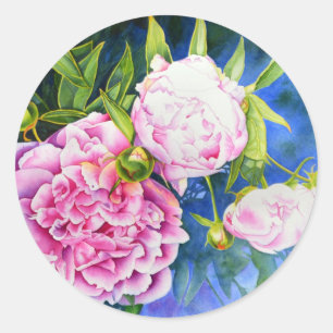 Adesivo Redondo Pintura de pénia branca rosa  floral romântico