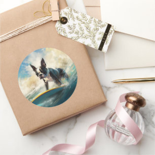 Adesivo Redondo Pintura de surf em Boston Terrier Beach