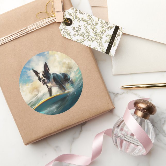 Adesivo Redondo Pintura de surf em Boston Terrier Beach (Presentear)