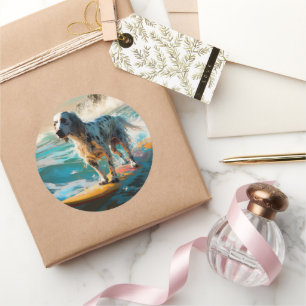 Adesivo Redondo Pintura de surf em lanterna inglesa setter Beach