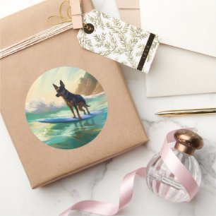 Adesivo Redondo Pintura de surf em praia australiana Kelpie