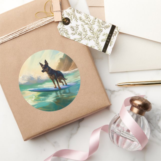 Adesivo Redondo Pintura de surf em praia australiana Kelpie (Presentear)