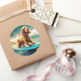 Adesivo Redondo Pintura de surf em praia em Cocker Spaniel