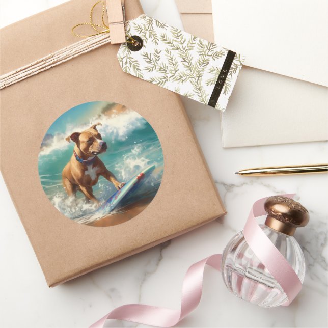 Adesivo Redondo Pintura de surfe em praia americana Staffordshire (Presentear)