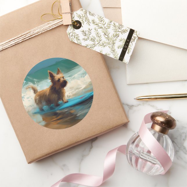 Adesivo Redondo Pintura de surfe na praia australiana Terrier (Presentear)