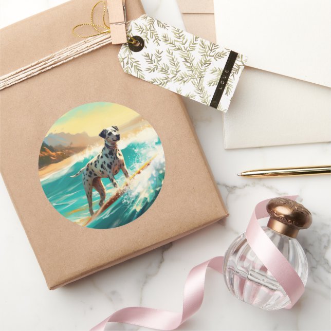 Adesivo Redondo Pintura de surfe na praia Dalmation (Presentear)