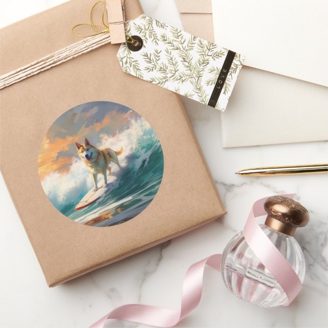 Adesivo Redondo Pintura de surfe na praia de Akita (Presentear)