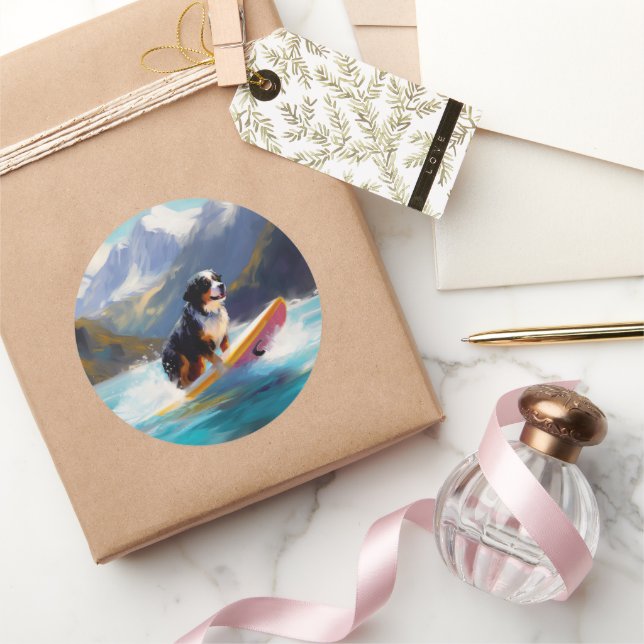 Adesivo Redondo Pintura de surfe na praia de Bernese (Presentear)