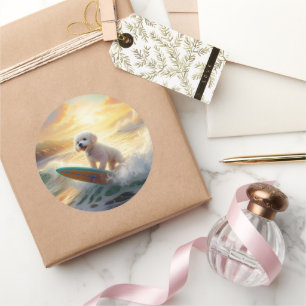 Adesivo Redondo Pintura de surfe na praia de Bichon Frise