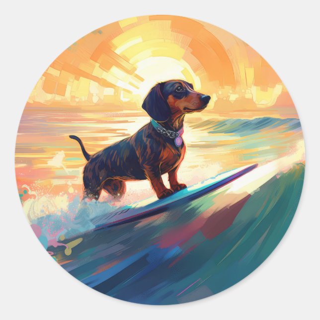Adesivo Redondo Pintura de surfe na praia de Dachshund (Frente)