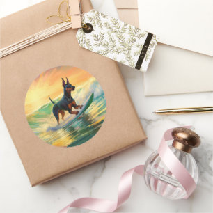 Adesivo Redondo Pintura de surfe na praia do Doberman