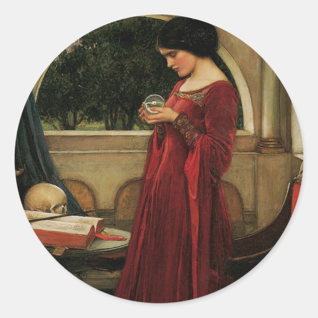 Adesivo Redondo Pintura de Waterhouse da Mulher Cristal Ball (Frente)