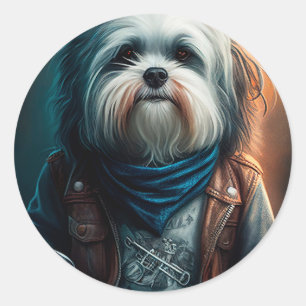 Adesivo Redondo Pintura digital de cão Havanese em bicicleta