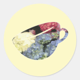 Adesivo Redondo Pintura do Teacup do Flor com Hipodrangea Azul e R