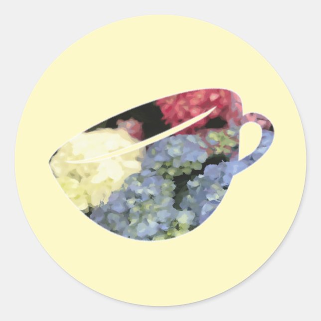 Adesivo Redondo Pintura do Teacup do Flor com Hipodrangea Azul e R (Frente)