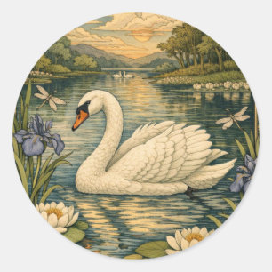 Adesivo Redondo Pintura elegante em aquarela vintage de cisne bran