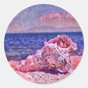 Adesivo Redondo Pintura em aquarela de concha de cor-de-rosa perto