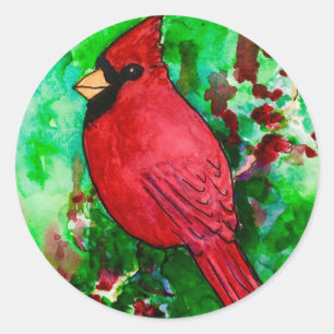 Adesivo Redondo Pintura em Aquarela de Pássaro Vermelho Cardeal
