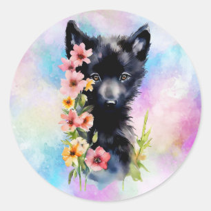 Adesivo Redondo Pintura em aquarela do filhote de Lobo Negro