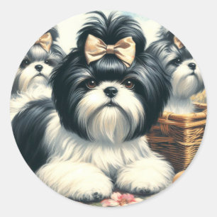 Adesivo Redondo Pintura em Cute Vintage Shih-Tzu