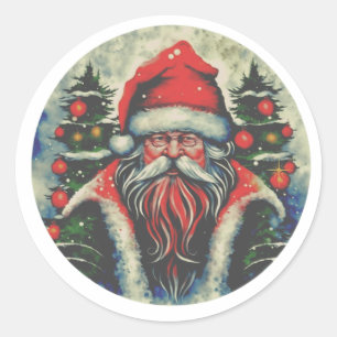 Adesivo Redondo Pintura em papai noel com árvores de Natal