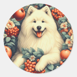 Adesivo Redondo Pintura Floral Cute Samoyed