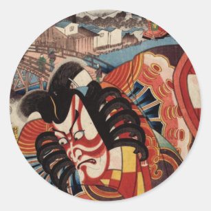 Adesivo Redondo Pintura japonesa do vintage - ator de Kabuki