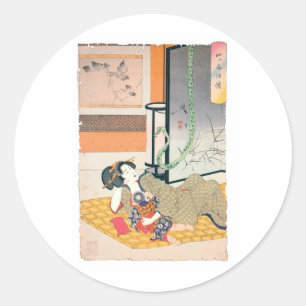 Adesivo Redondo Pintura, mãe e bebê japoneses antigos
