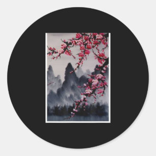 Adesivo Redondo Pintura Montanha do Flor de Arte Japonesa