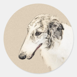 Adesivo Redondo Pintura Original de Cachorro Borzoi (Silver Brindl