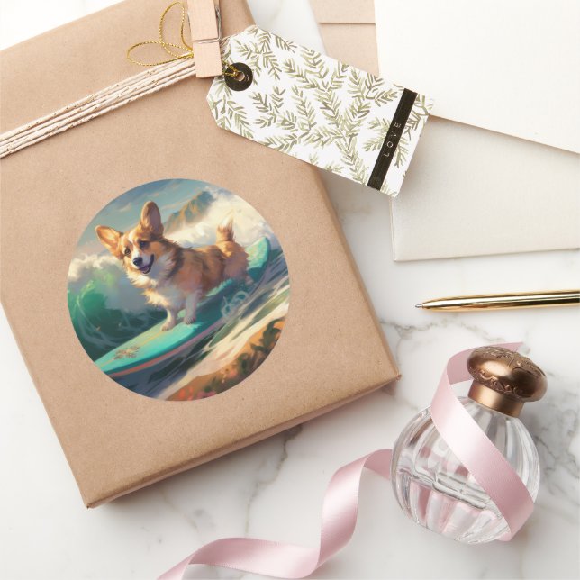 Adesivo Redondo Pintura para surfar na praia de Corgi (Presentear)