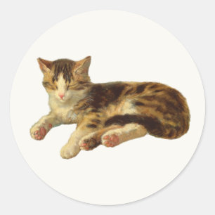 Adesivo Redondo Pintura Vitoriana Antiga de Gato Cochilando