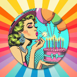 Adesivo Redondo Pinup Pop da Retrora e Bolo de Aniversário