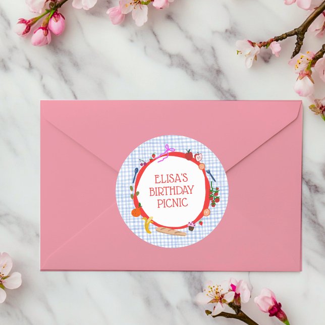 Adesivo Redondo Piquenique de Gingham Moderno Fofo FESTA DE ANIVER (Gingham Picnic Modern Cute CUSTOM BIRTHDAY PARTY Classic Round Sticker
)