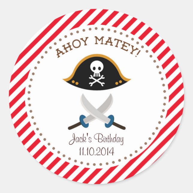 Adesivo Redondo Pirata Aniversário Obrigado Pau Vermelho (Frente)